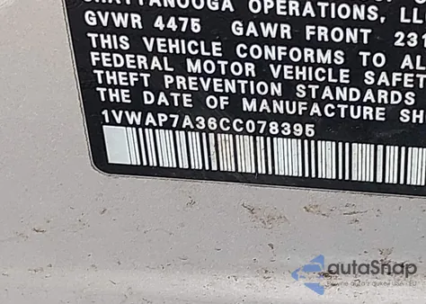 2012 Volkswagen Passat 2.5L S z USA, uszkodzony, nr VIN 1VWAP7A36CC078395